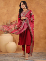 Thumbnail for Janasya Dark Chanderi Yoke Embroidery Straight Kurta Set