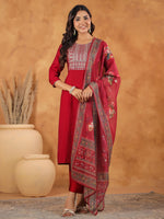 Thumbnail for Janasya Dark Chanderi Yoke Embroidery Straight Kurta Set