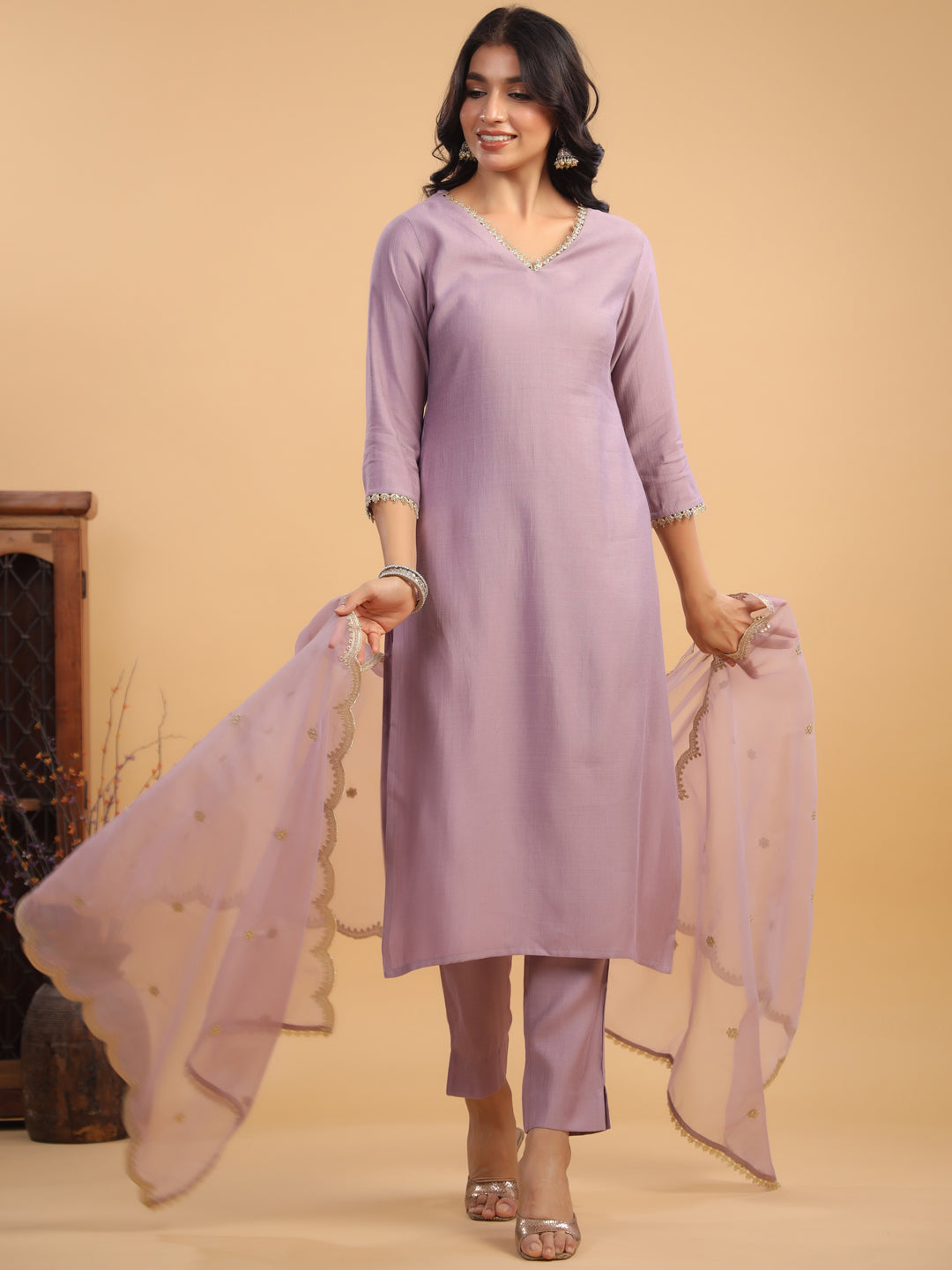 Janasya Light Chanderi Solid Straight Kurta Set
