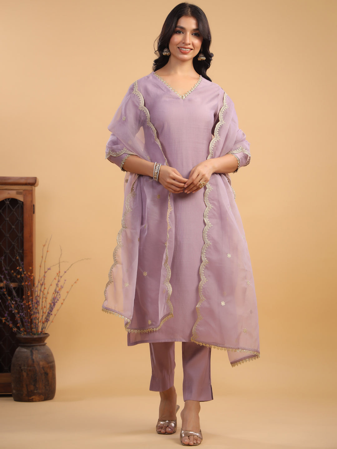 Janasya Light Chanderi Solid Straight Kurta Set
