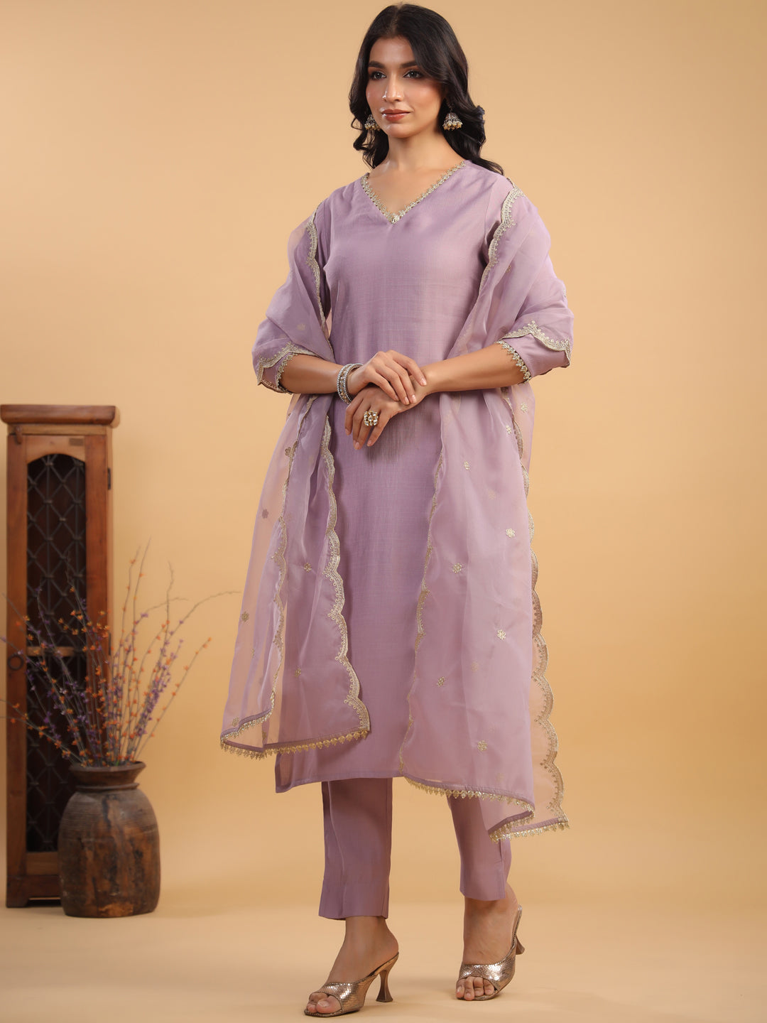 Janasya Light Chanderi Solid Straight Kurta Set