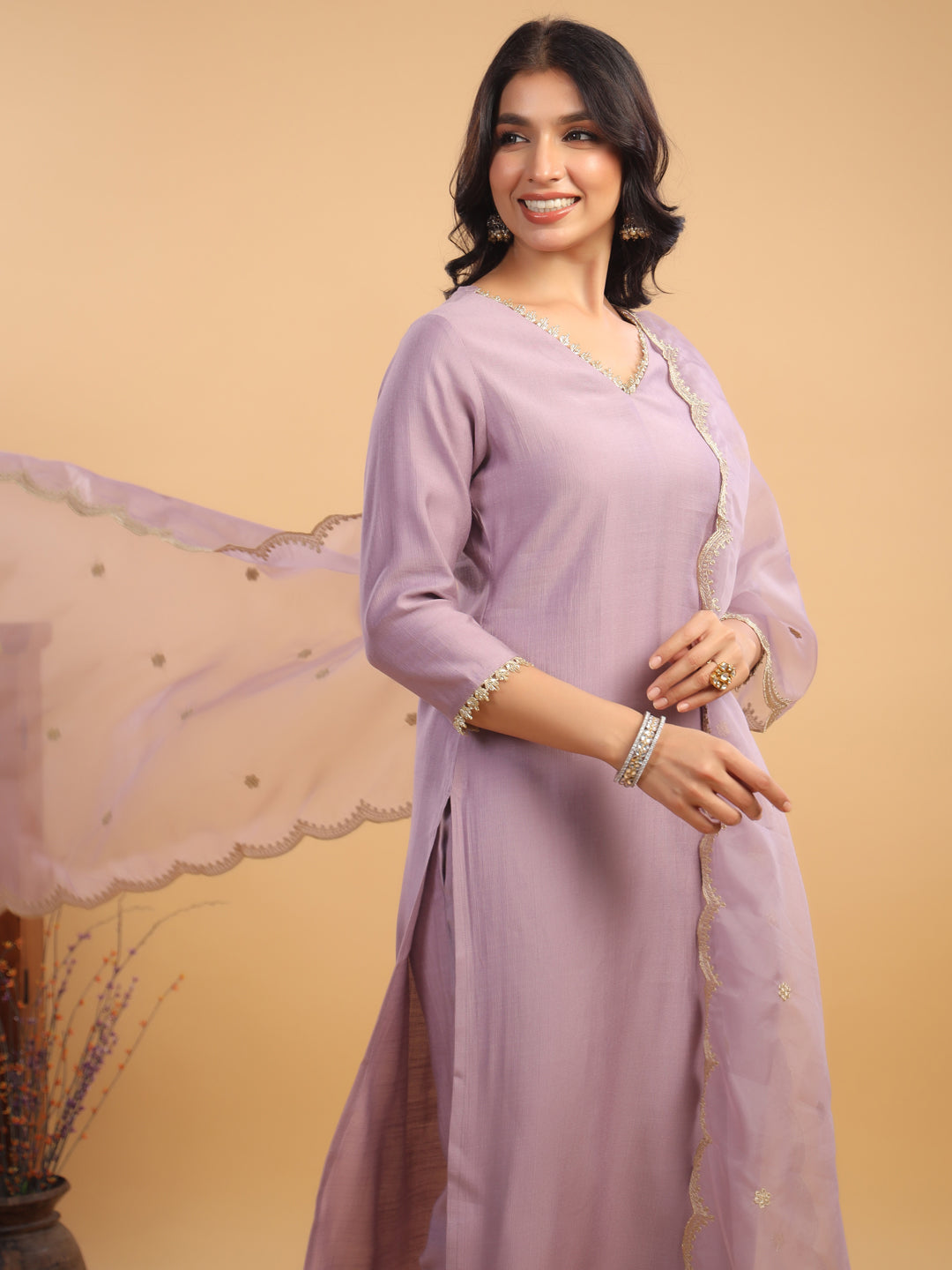 Janasya Light Chanderi Solid Straight Kurta Set