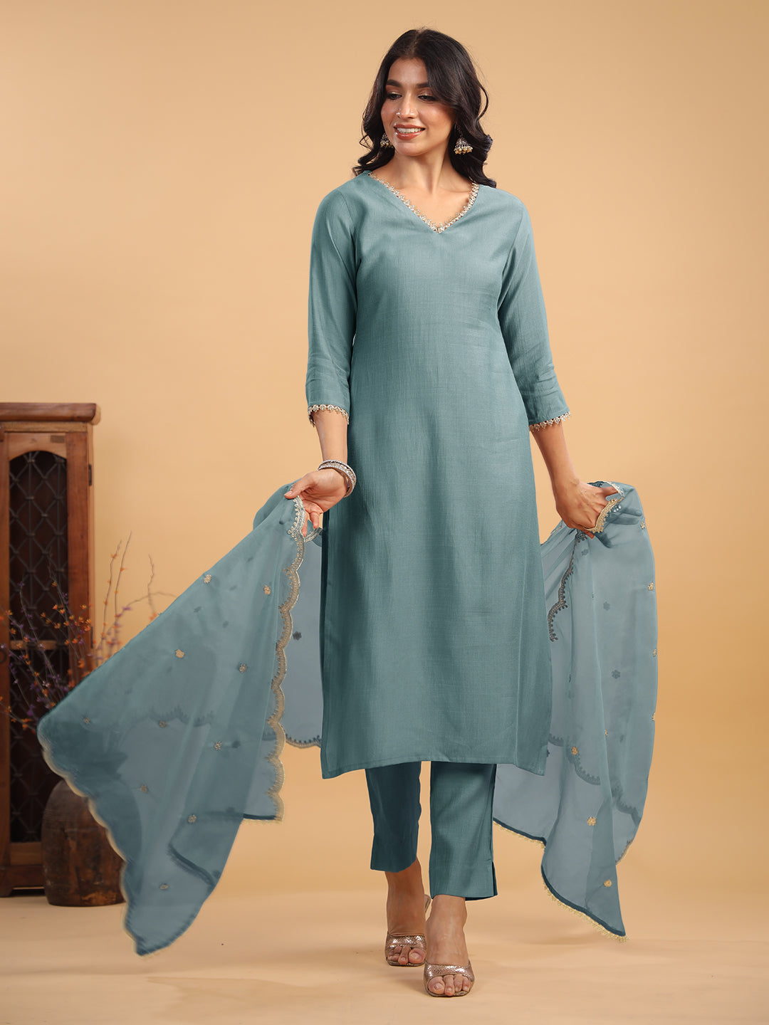 Janasya Light Chanderi Solid Straight Kurta Set