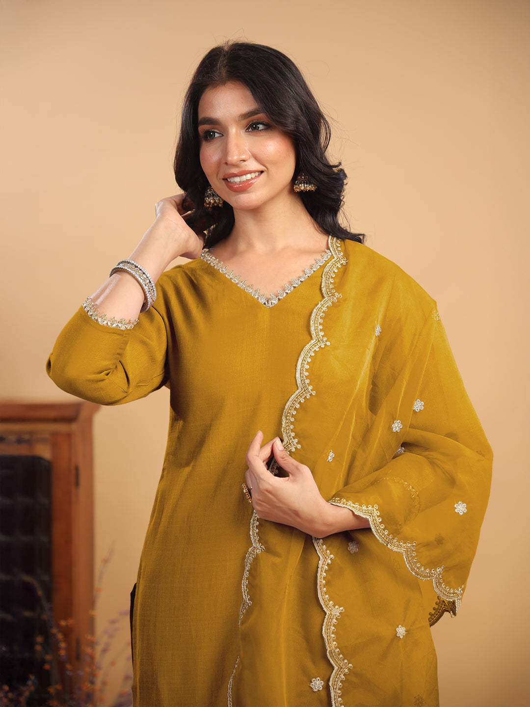 Janasya Light Chanderi Solid Straight Kurta Set