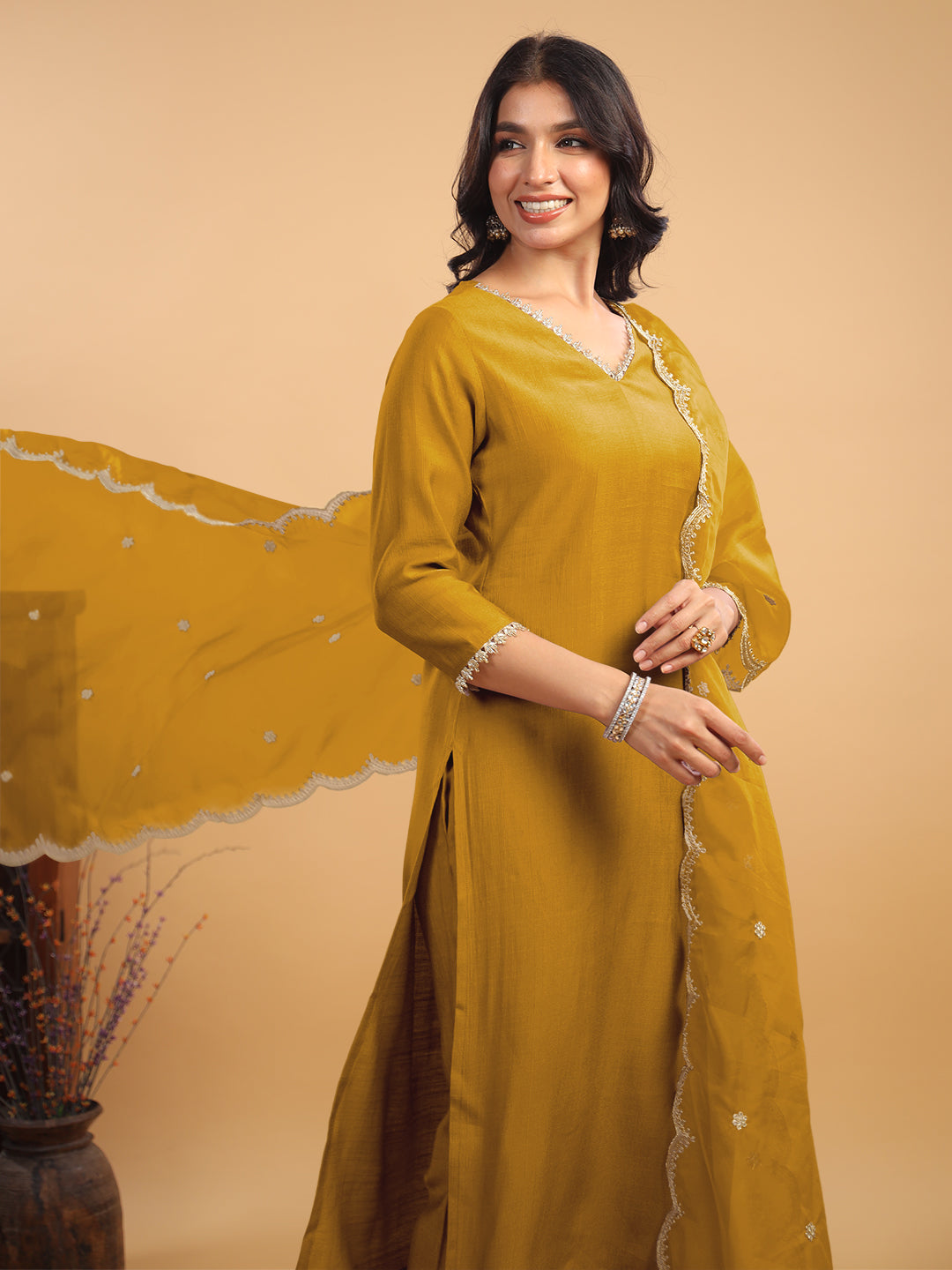 Janasya Light Chanderi Solid Straight Kurta Set
