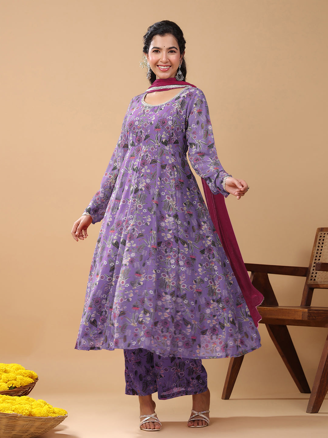 Janasya Bright Georgette Floral A-Line Kurta Set