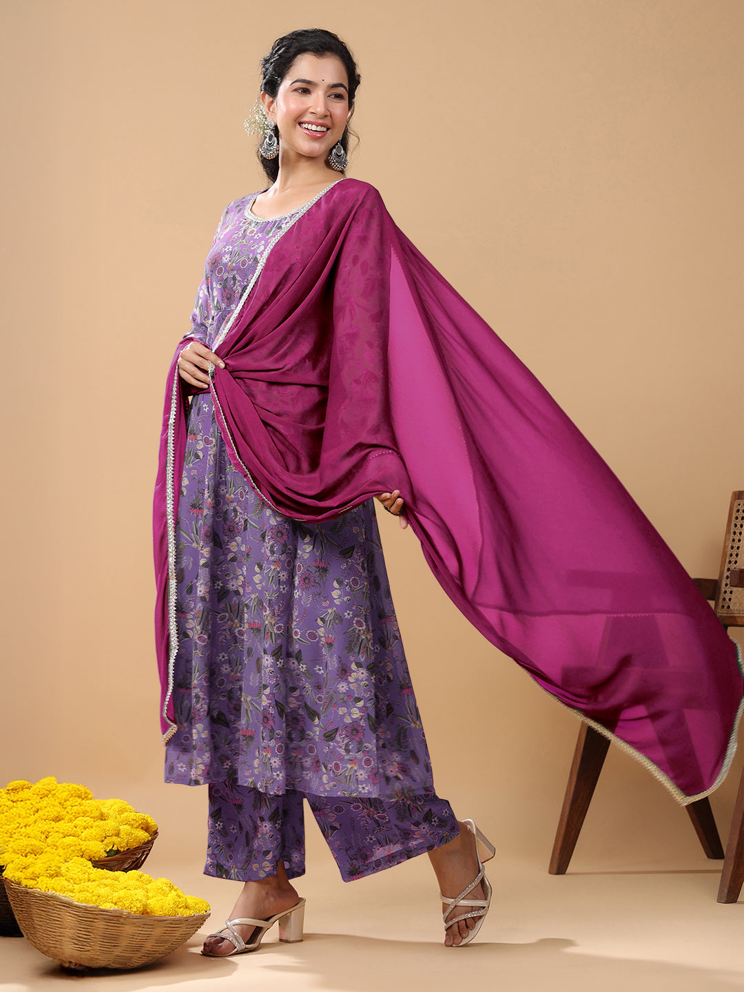 Janasya Bright Georgette Floral A-Line Kurta Set