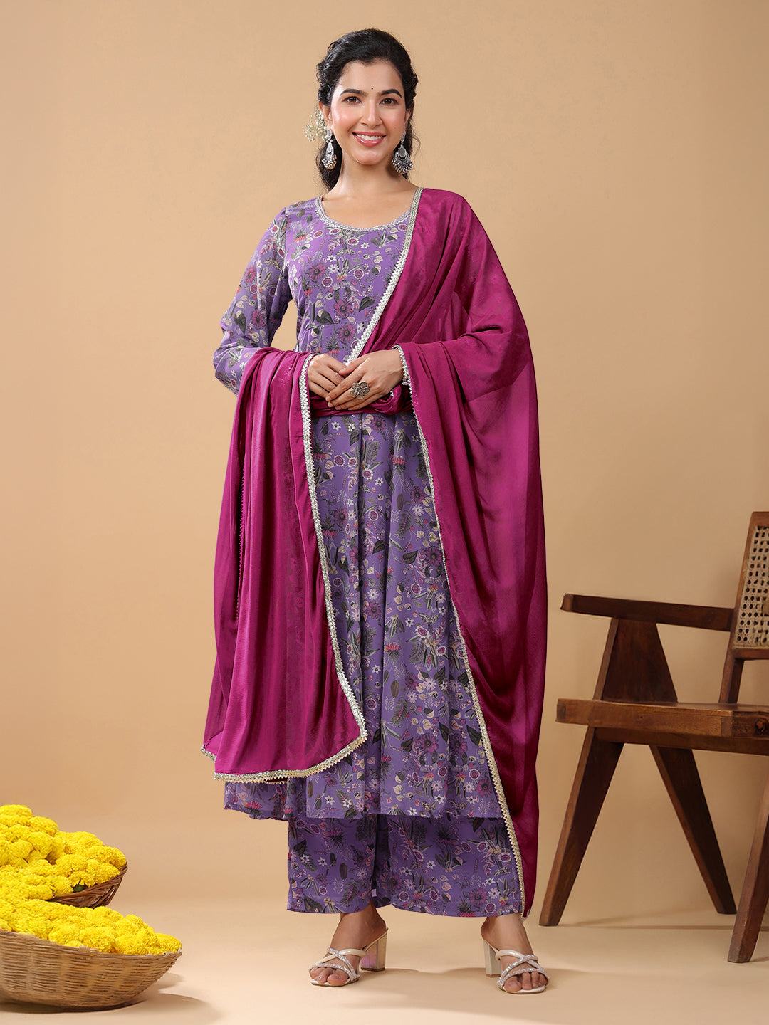 Janasya Bright Georgette Floral A-Line Kurta Set