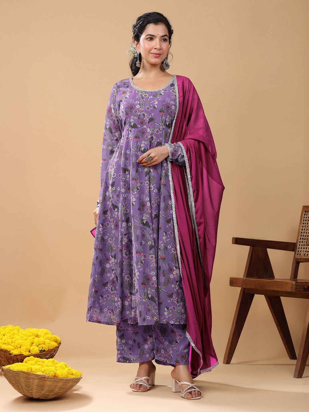 Janasya Bright Georgette Floral A-Line Kurta Set