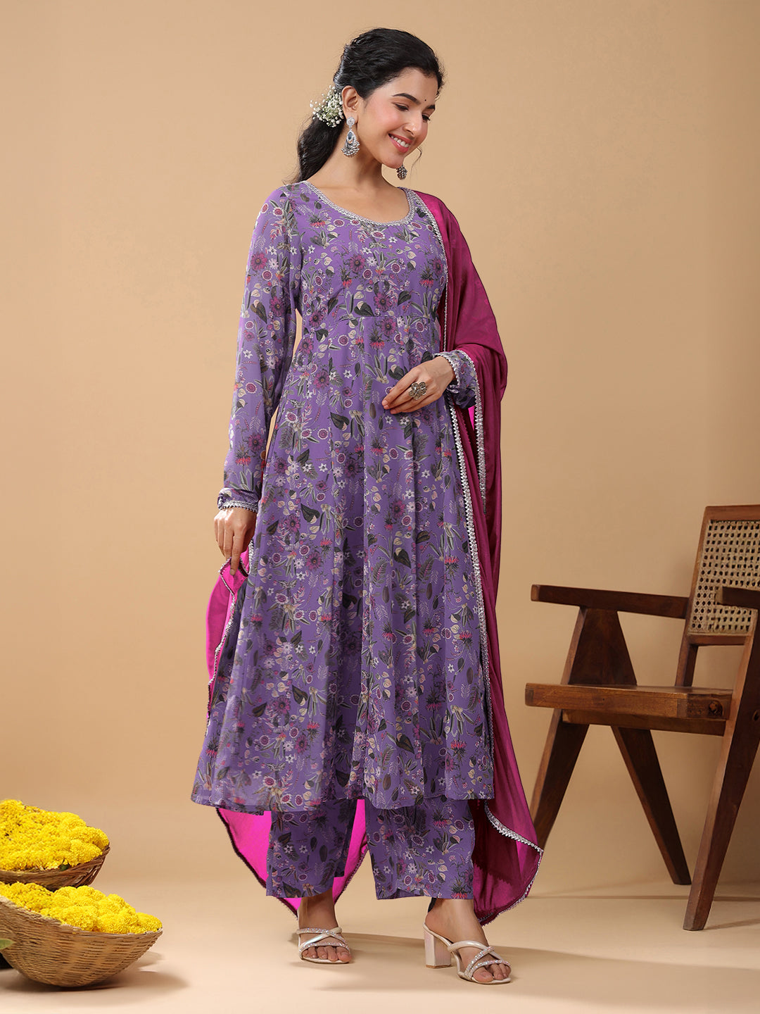 Janasya Bright Georgette Floral A-Line Kurta Set