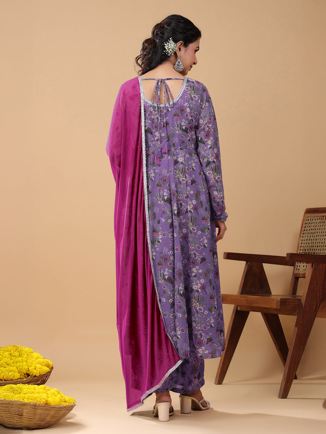 Janasya Bright Georgette Floral A-Line Kurta Set