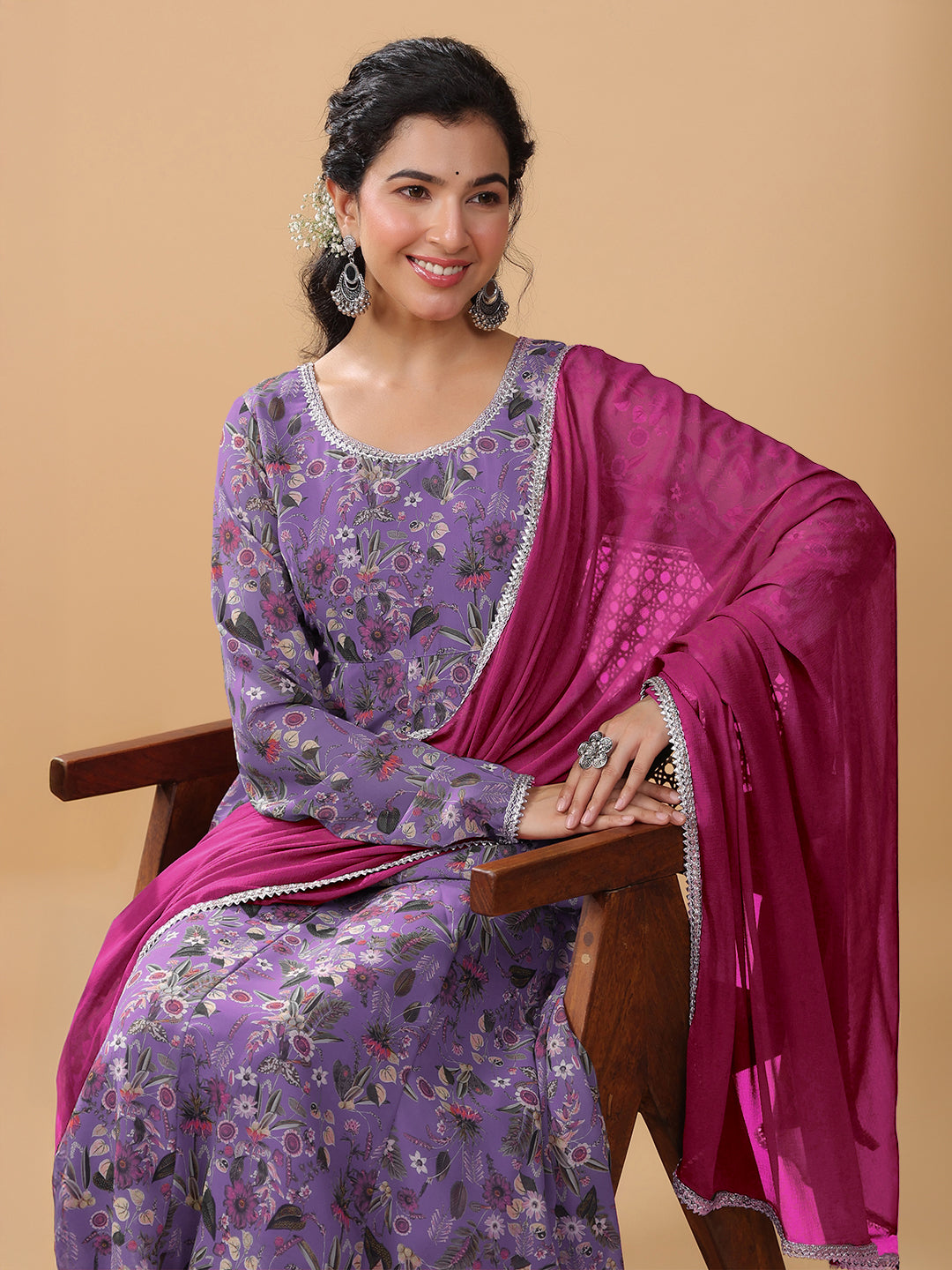 Janasya Bright Georgette Floral A-Line Kurta Set
