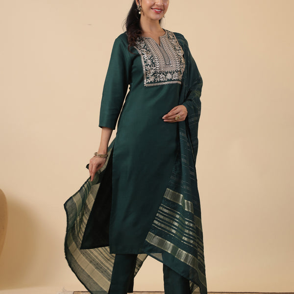 Janasya Dark Cotton Blend Yoke Embroidery Straight Kurta Set