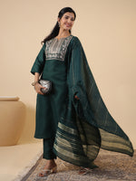 Thumbnail for Janasya Dark Cotton Blend Yoke Embroidery Straight Kurta Set