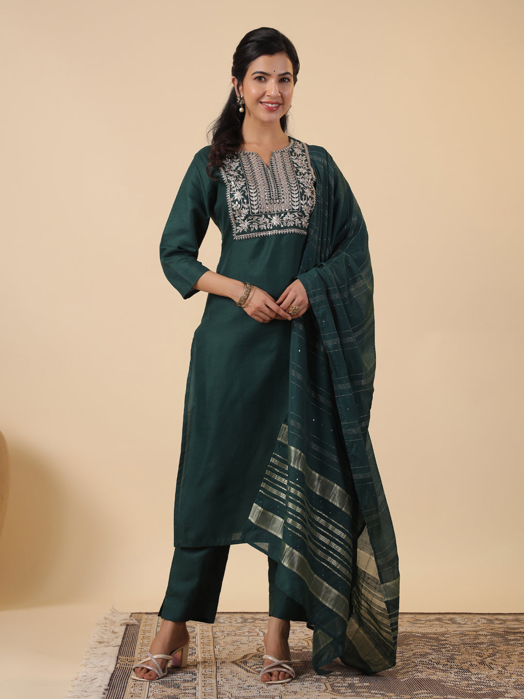 Janasya Dark Cotton Blend Yoke Embroidery Straight Kurta Set