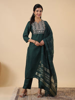 Thumbnail for Janasya Dark Cotton Blend Yoke Embroidery Straight Kurta Set
