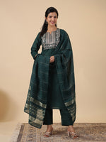 Thumbnail for Janasya Dark Cotton Blend Yoke Embroidery Straight Kurta Set