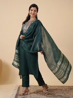 Thumbnail for Janasya Dark Cotton Blend Yoke Embroidery Straight Kurta Set