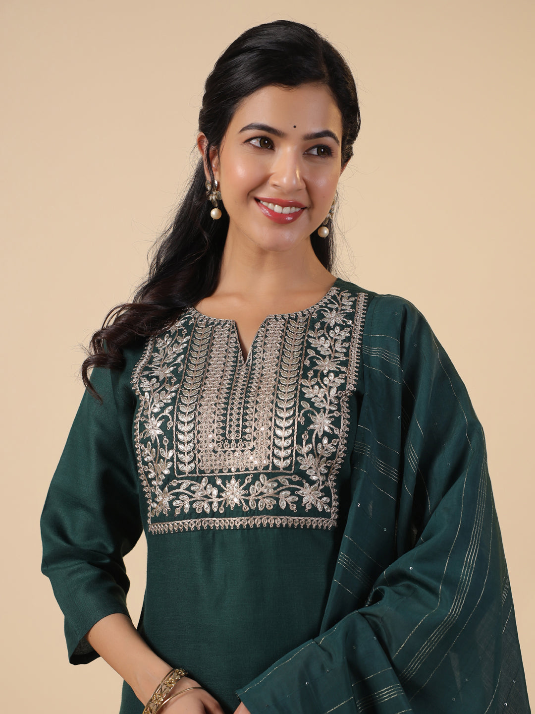 Janasya Dark Cotton Blend Yoke Embroidery Straight Kurta Set