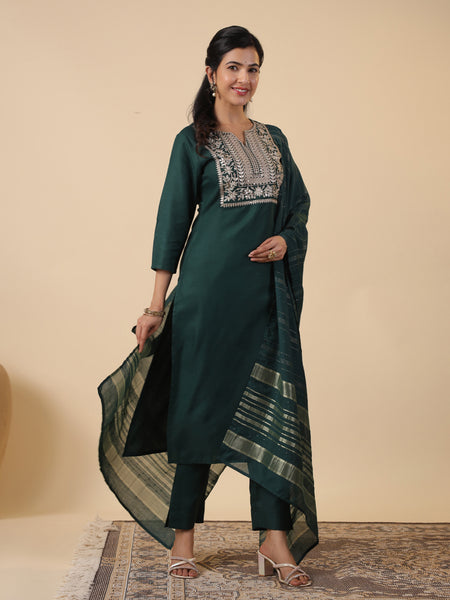 Janasya Dark Cotton Blend Yoke Embroidery Straight Kurta Set