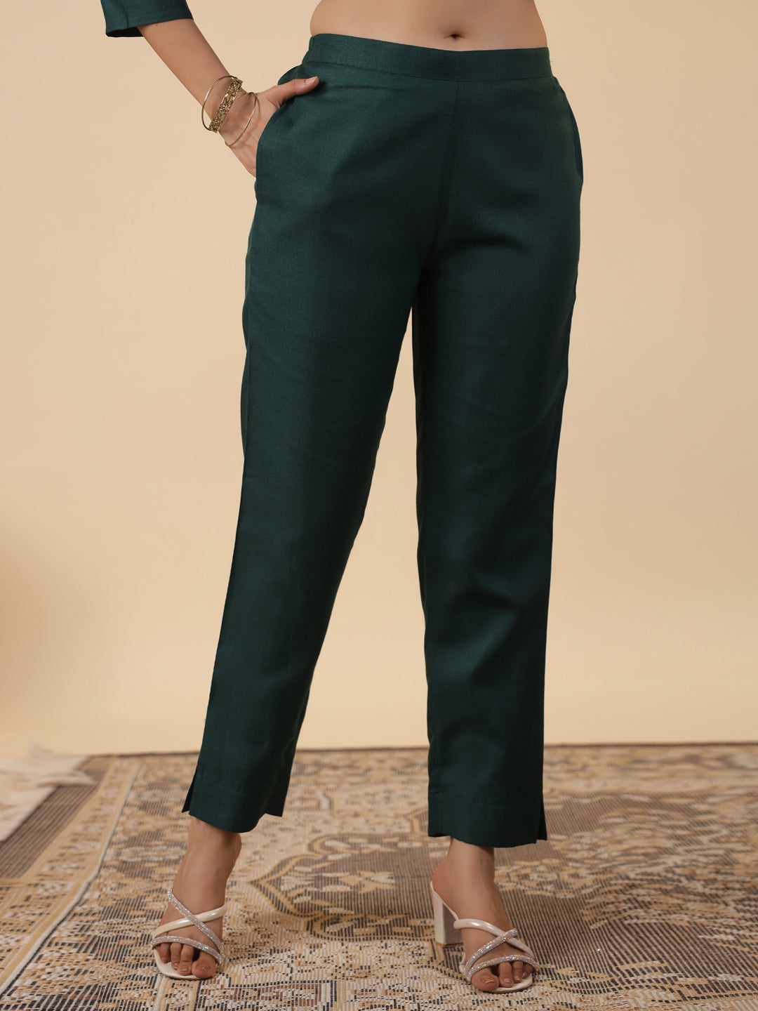 Janasya Dark Cotton Blend Yoke Embroidery Straight Kurta Set