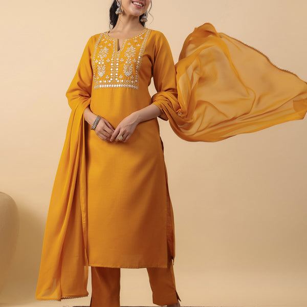 Janasya Bright Cotton Blend Yoke Embroidery Straight Kurta Set