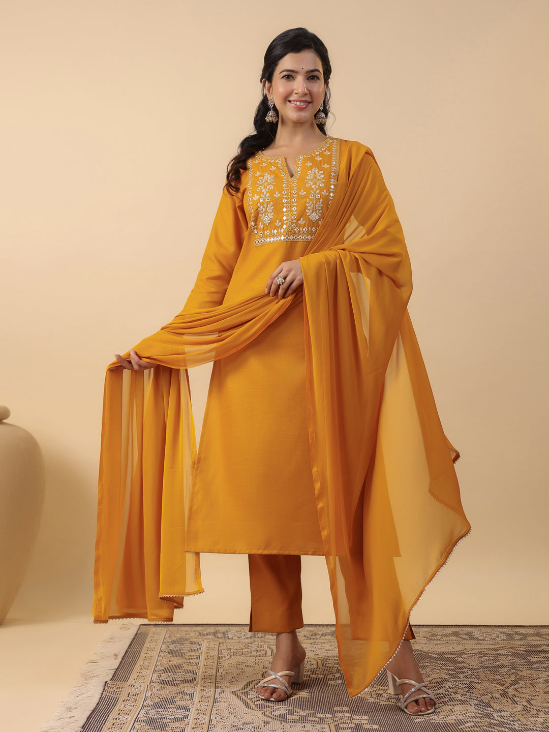 Janasya Bright Cotton Blend Yoke Embroidery Straight Kurta Set