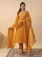 Thumbnail for Janasya Bright Cotton Blend Yoke Embroidery Straight Kurta Set