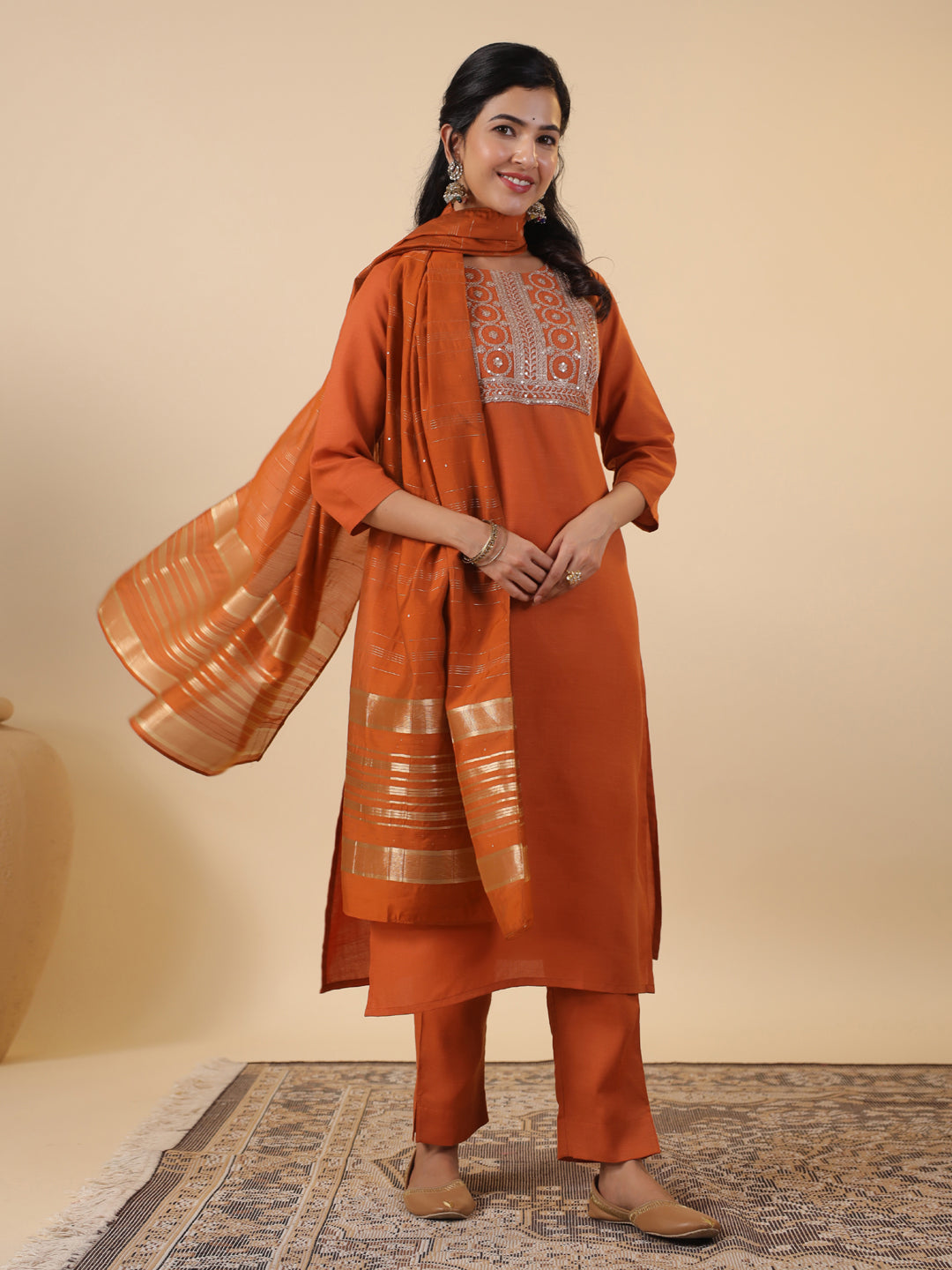 Janasya Dark Cotton Blend Yoke Embroidery Straight Kurta Set