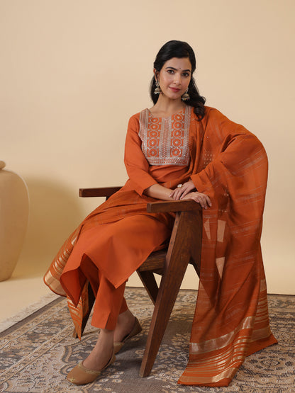 Janasya Dark Cotton Blend Yoke Embroidery Straight Kurta Set - Distacart