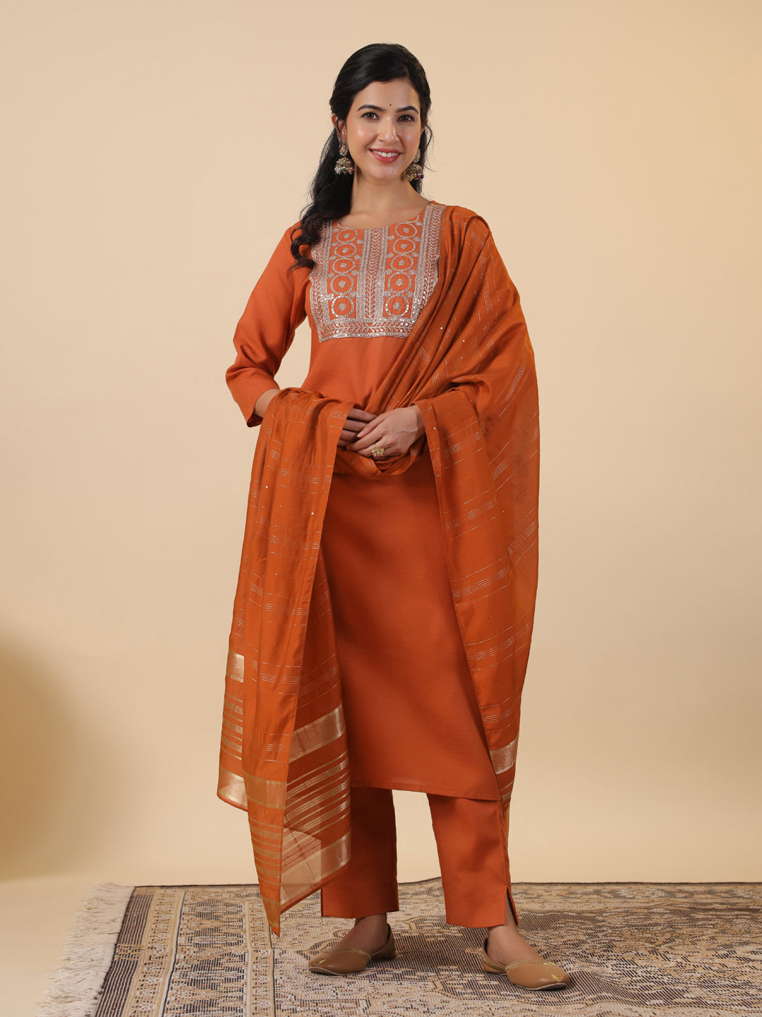 Janasya Dark Cotton Blend Yoke Embroidery Straight Kurta Set