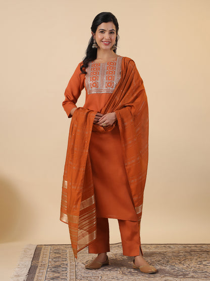 Janasya Dark Cotton Blend Yoke Embroidery Straight Kurta Set - Distacart