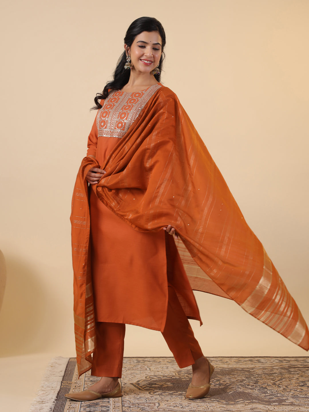 Janasya Dark Cotton Blend Yoke Embroidery Straight Kurta Set
