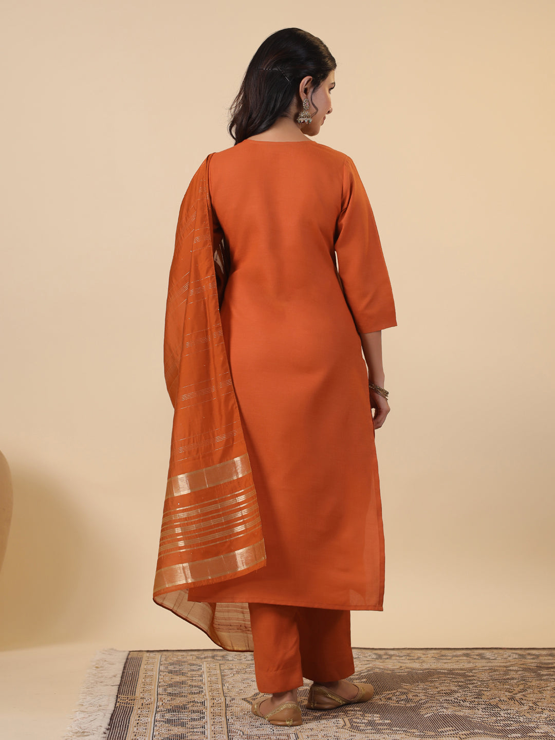 Janasya Dark Cotton Blend Yoke Embroidery Straight Kurta Set