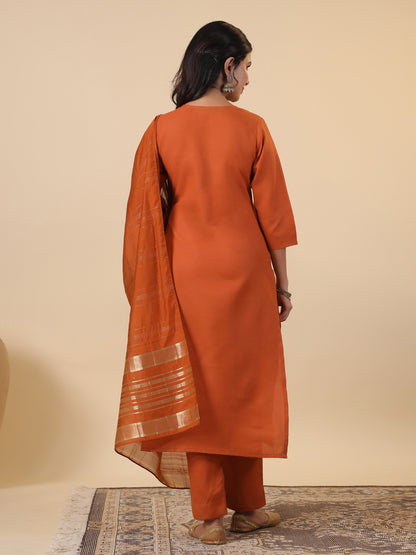 Janasya Dark Cotton Blend Yoke Embroidery Straight Kurta Set - Distacart