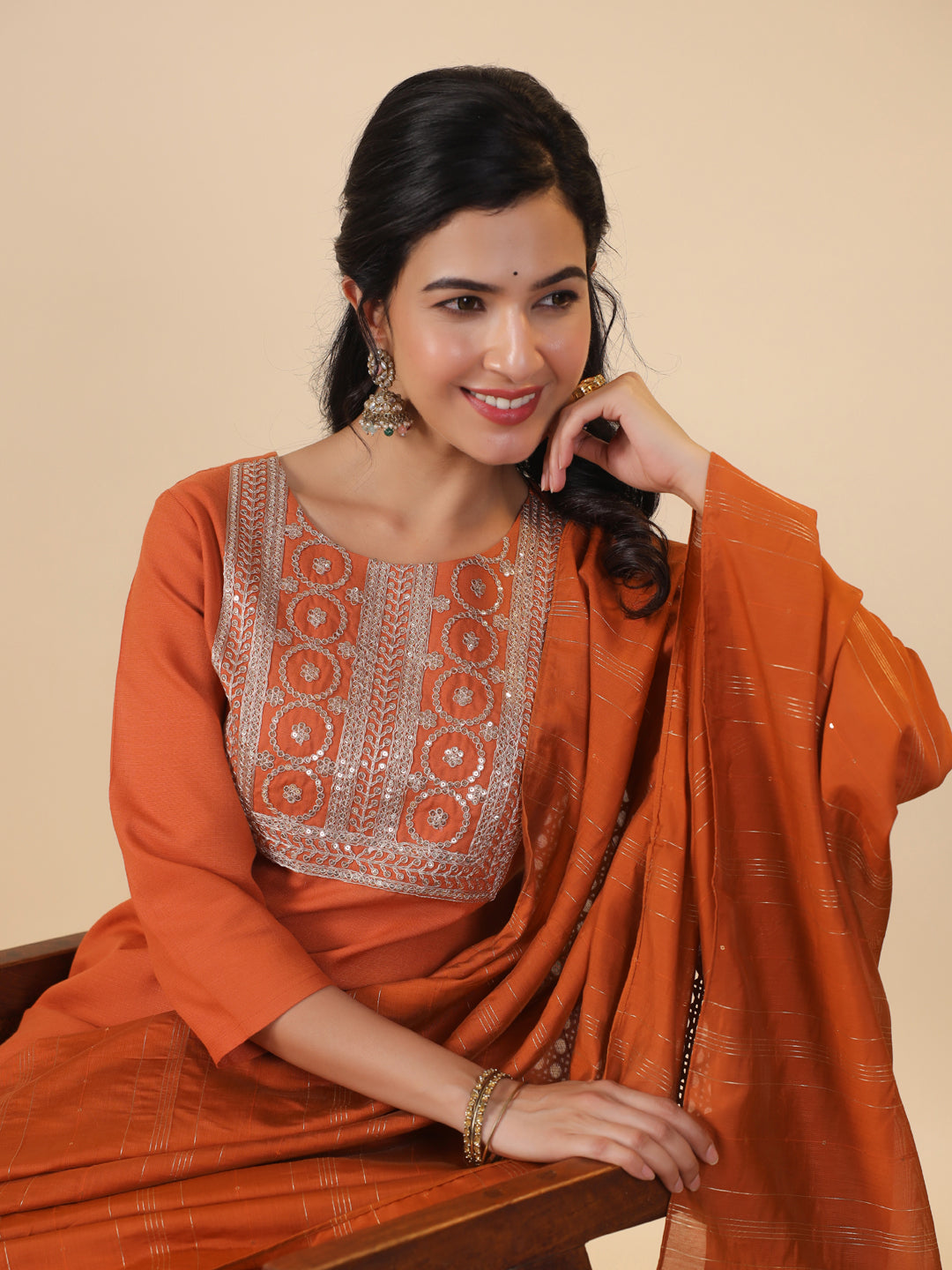 Janasya Dark Cotton Blend Yoke Embroidery Straight Kurta Set