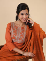 Thumbnail for Janasya Dark Cotton Blend Yoke Embroidery Straight Kurta Set