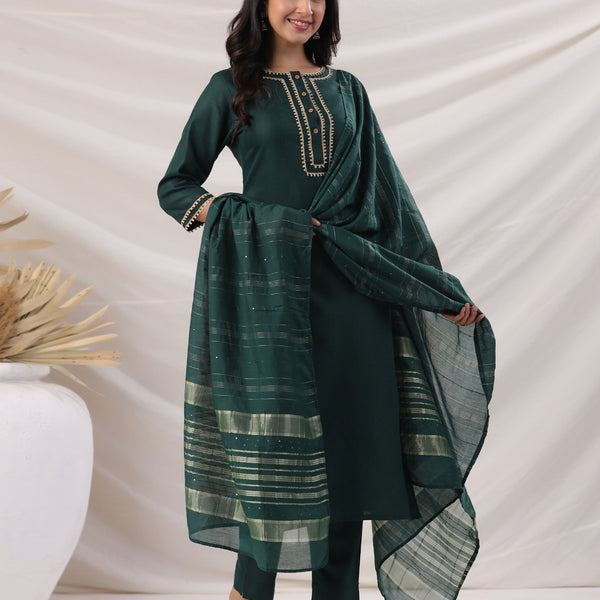 Janasya Dark Cotton Blend Yoke Design Straight Kurta Set