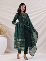 Thumbnail for Janasya Dark Cotton Blend Yoke Design Straight Kurta Set