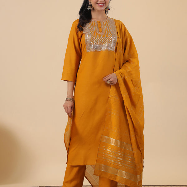 Janasya Bright Cotton Blend Yoke Embroidery Straight Kurta Set - Distacart
