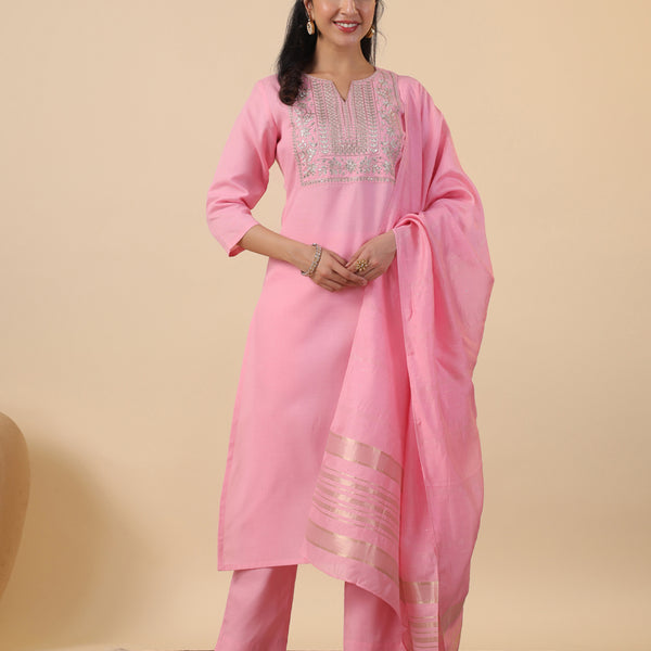 Janasya Light Cotton Blend Embroidered Straight Kurta Set