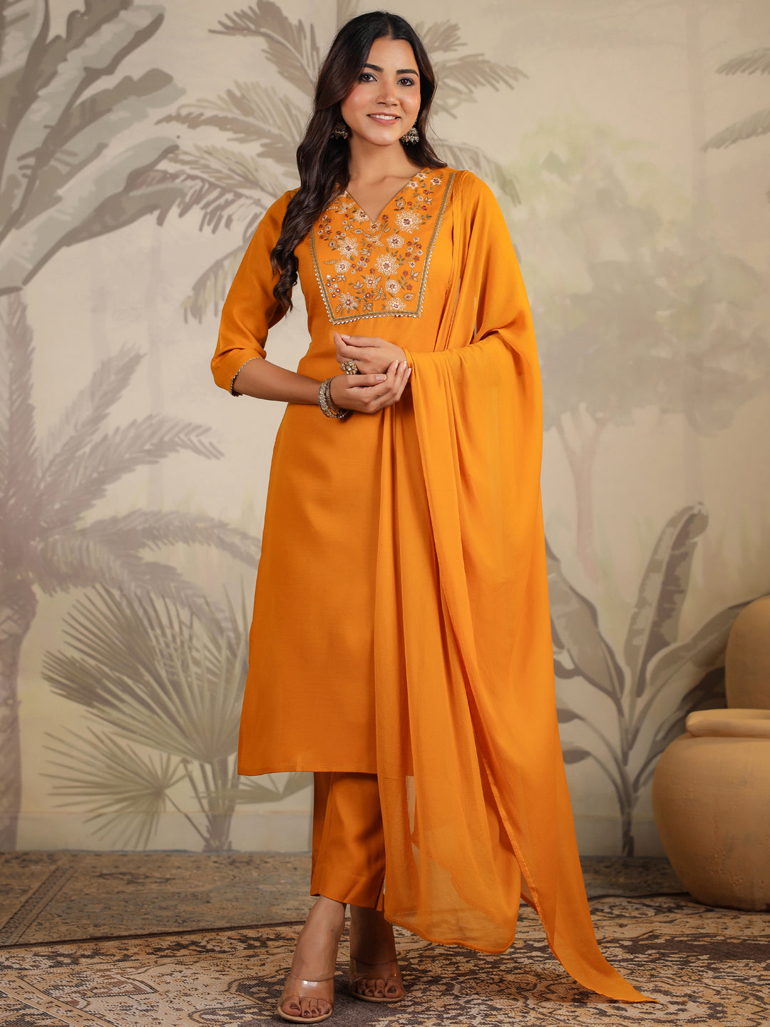 Janasya Bright Cotton Blend Yoke Embroidery Straight Kurta Set
