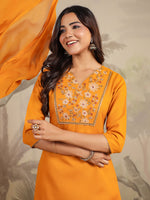 Thumbnail for Janasya Bright Cotton Blend Yoke Embroidery Straight Kurta Set