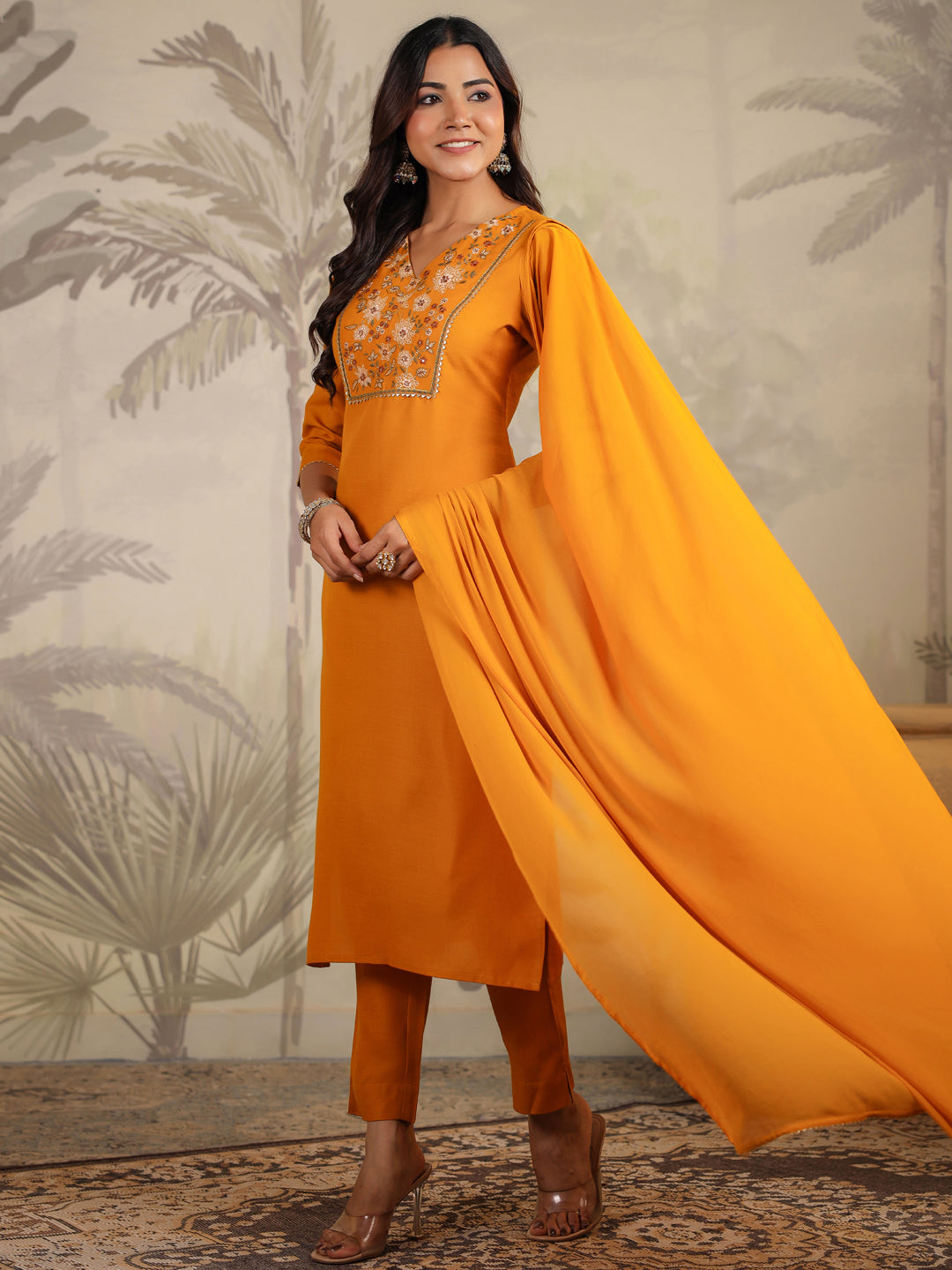 Janasya Bright Cotton Blend Yoke Embroidery Straight Kurta Set