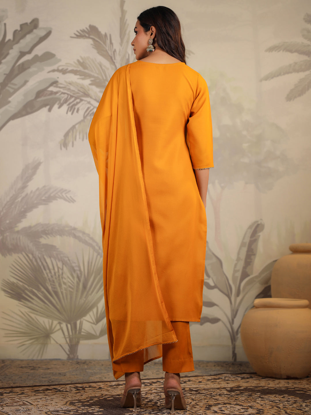 Janasya Bright Cotton Blend Yoke Embroidery Straight Kurta Set