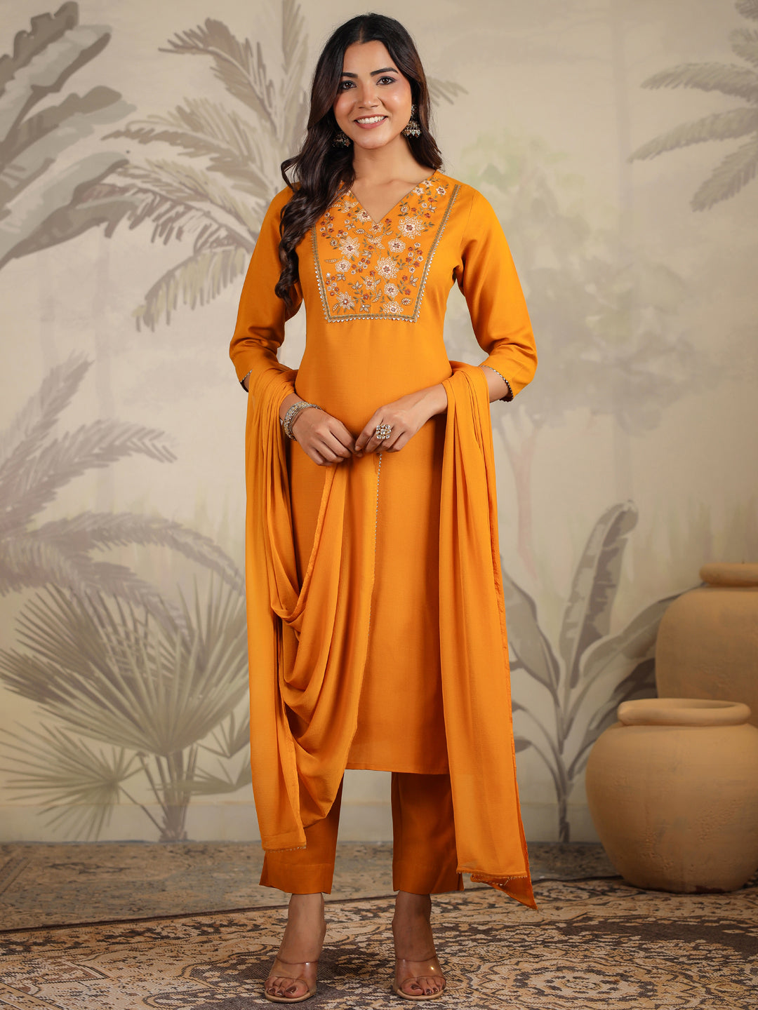 Janasya Bright Cotton Blend Yoke Embroidery Straight Kurta Set