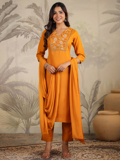 Janasya Bright Cotton Blend Yoke Embroidery Straight Kurta Set - Distacart