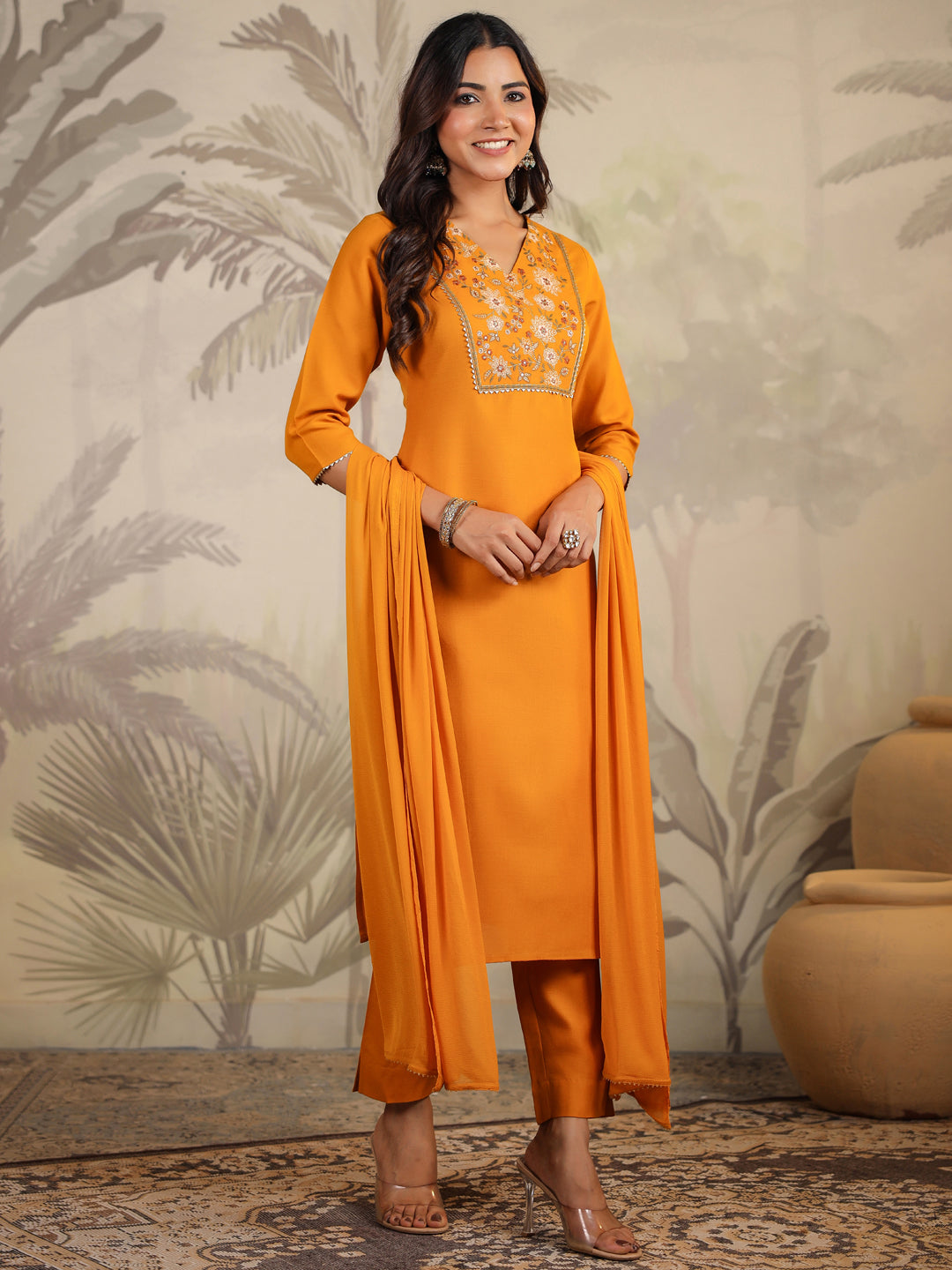 Janasya Bright Cotton Blend Yoke Embroidery Straight Kurta Set