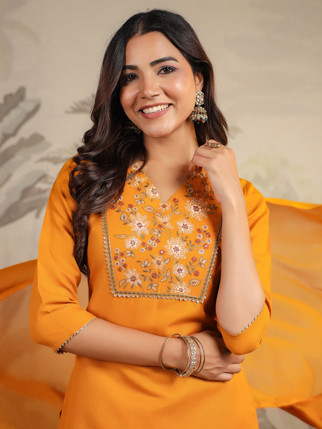 Janasya Bright Cotton Blend Yoke Embroidery Straight Kurta Set