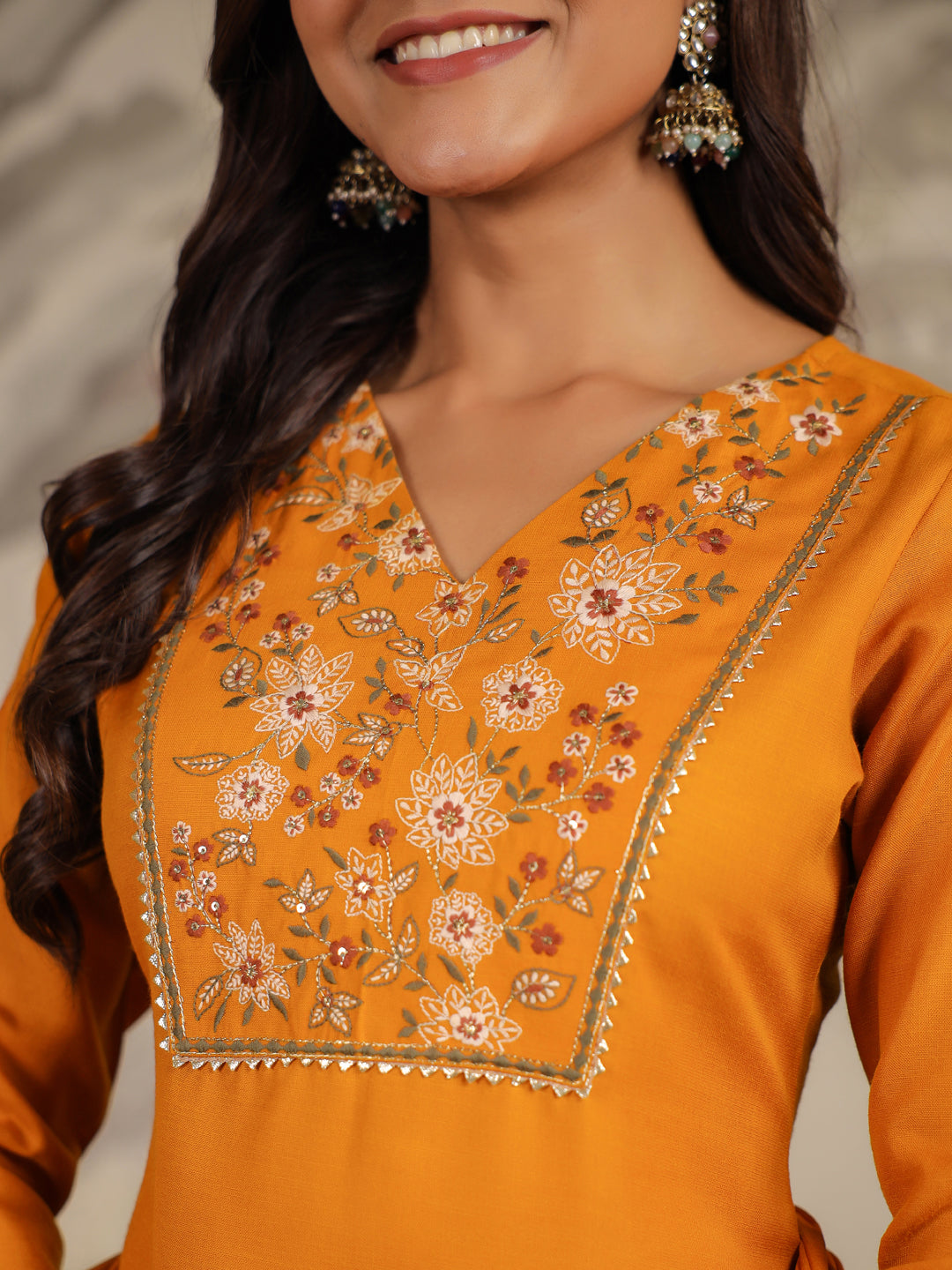 Janasya Bright Cotton Blend Yoke Embroidery Straight Kurta Set